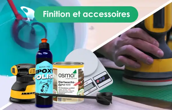 Outils et produits pour la finition : ponceuse, résine époxy, huile pour bois. La résine époxy, un matériau polyvalent, trouve son utilisation dans de nombreux projets de bricolage et de décoration.