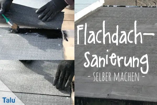 Hände mit Handschuhen verlegen Dachpappe auf einem Flachdach. Bitumen wird aufgetragen, um die Abdichtung zu sichern.