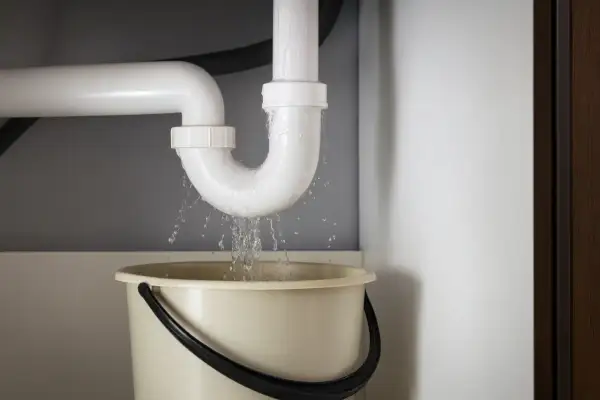 Undichtigkeit am Siphon: Wasser tropft in einen Eimer. Dies zeigt, wie wichtig es ist, Siphon Dichtungen richtig einsetzen, um solche Probleme zu vermeiden.