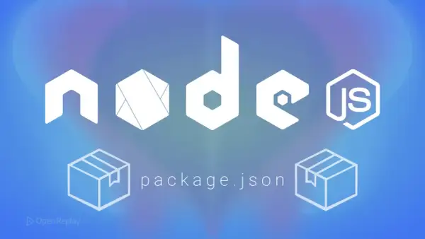 Logo Node.js avec des icônes de paquets et "package.json", symbolisant les **node modules**.