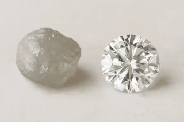 Surowy, nieoszlifowany przezroczysty kamień obok lśniącego, fasetowanego diamentu.