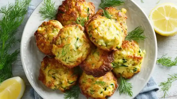Goldbraune zucchini puffer, garniert mit Dill, auf einem Teller mit Zitronenspalten.
