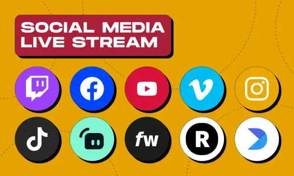 Social media live stream logos, including Twitch and its alternatives like Facebook, YouTube, TikTok, and others.