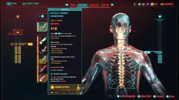 Cyberpunk 2077: ikoniczny Sandevistan Militech "Apogee" spowalnia czas, zwiększa obrażenia krytyczne i szansę na trafienie krytyczne. Potężne cyberwskaźniki, jak te legendarne bronie, zmieniają rozgrywkę.