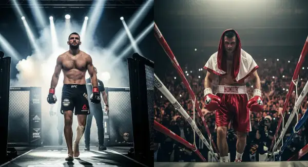 Two boxers enter the ring. The frequency of how often boxers spar varies greatly depending on their training phase.