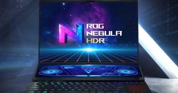 Laptop z ekranem **AMOLED** prezentuje logo ROG Nebula HDR na tle kosmosu i siatki. Dolny ekran pokazuje futurystyczne grafiki.