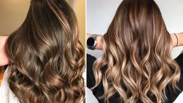 Cabello castaño con mechas difuminadas que crean un efecto de luz y profundidad, con ondas suaves y naturales.