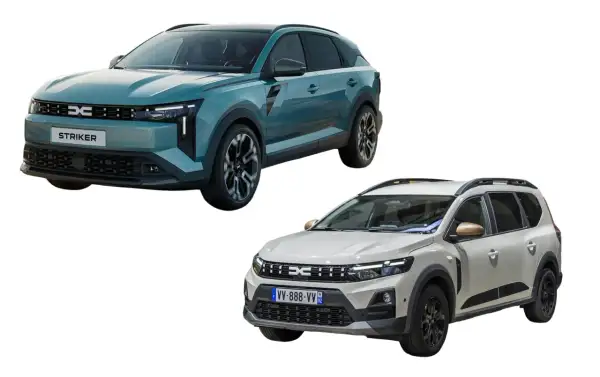 Dwa nowe modele Dacii: zielony z napisem "STRIKER" i jasnoszary z tablicą "VV-888-VV". Wiele osób szuka dacia jogger opinie, te auta mogą je zainteresować.