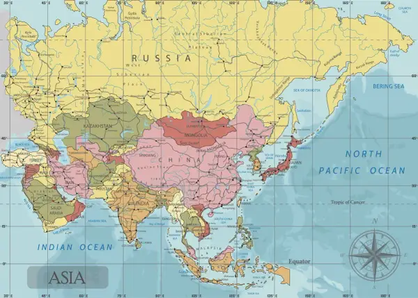 Mapa Azji z zaznaczonymi stolicami, takimi jak Pekin, Tokio, Seul, Ułan Bator, Astana.