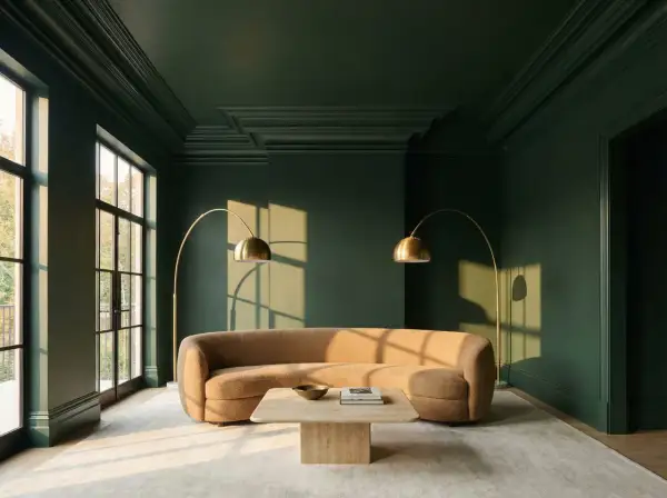 Elegant crown molding ideas enhance this dark green room, framing large windows and adding depth to the ceiling.