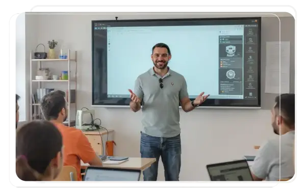 Profesor de tecnología explicando en clase, preparándose para las oposiciones.
