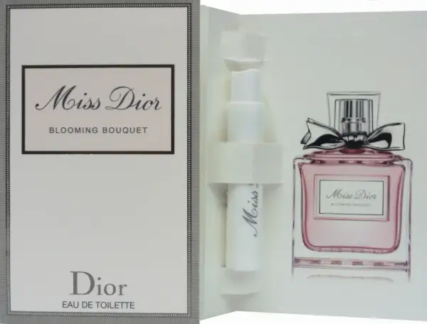 Karta z próbką perfum Miss Dior Blooming Bouquet. Różowa buteleczka z kokardką i nazwa zapachu.
