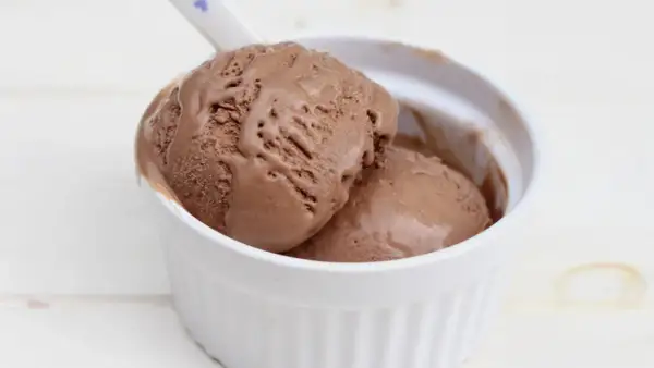 Dos bolas de cremoso helado de chocolate casero en un cuenco blanco, con una cuchara lista para disfrutar.