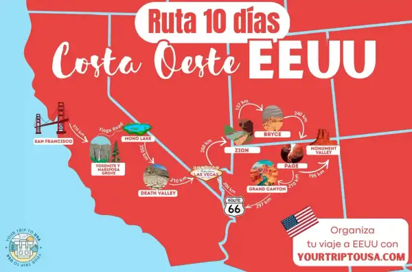 Mapa de la ruta 10 días por la costa oeste de EEUU, con San Francisco, Yosemite, Las Vegas, Zion, Bryce, Page, Grand Canyon y Monument Valley.