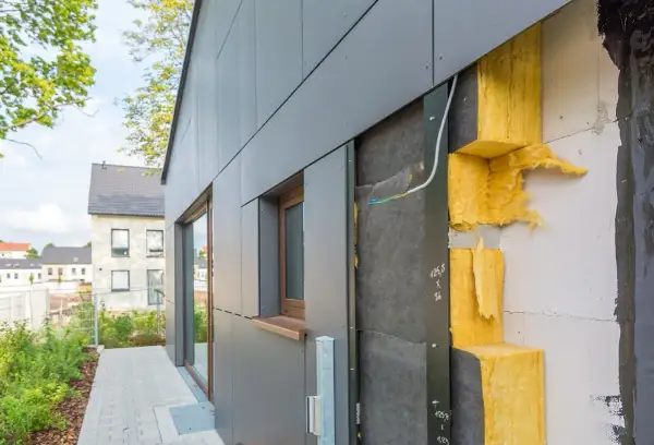 Isolation extérieur : vue rapprochée d'une façade en cours de construction, montrant l'isolant jaune et le revêtement gris. Le prix de cette isolation est un facteur clé pour les propriétaires.
