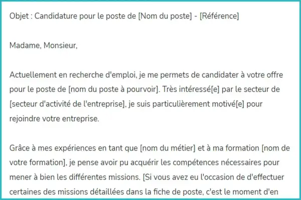 Modèle de lettre pour signaler un problème : une candidature spontanée pour un poste. Le texte est un exemple de lettre de motivation.