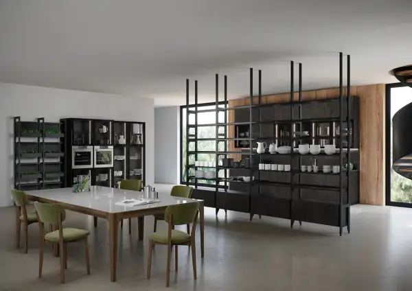 Un tavolo di vetro moderno con sedie verdi, circondato da scaffalature eleganti, perfetto per chi cerca idee su come abbellire un tavolo di vetro.
