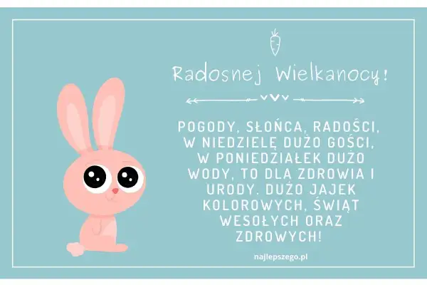 Uroczy króliczek z wielkimi oczami życzy wesołych wierszyków wielkanocnych, słońca i radości.