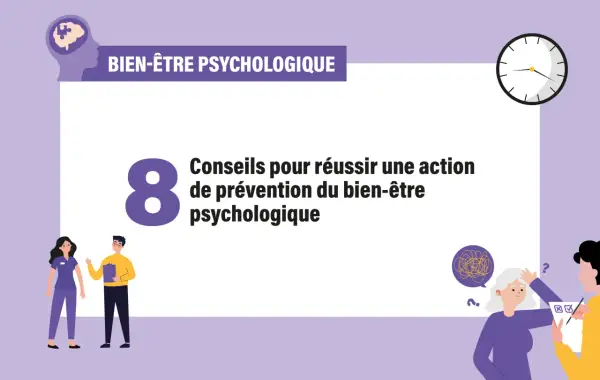 8 conseils pour améliorer le bien-être psychologique. Illustration de personnes discutant et d'un cerveau avec un puzzle.