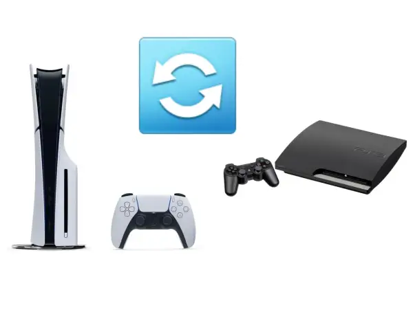 Konsola PS5, kontroler DualSense, kontroler PS3 i ikona synchronizacji. Czy gry z PS3 działają na PS5?