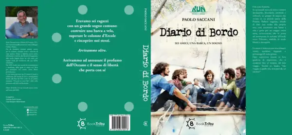 Copertina del libro "Diario di bordo" di Paolo Saccani, con un'illustrazione di sei giovani su una barca a vela.