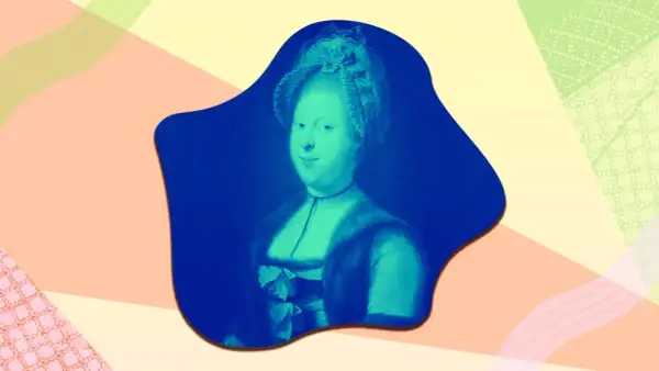 Porträtt av drottning Desideria i blå och grön ton, med en mjuk, abstrakt bakgrund i pastellfärger.