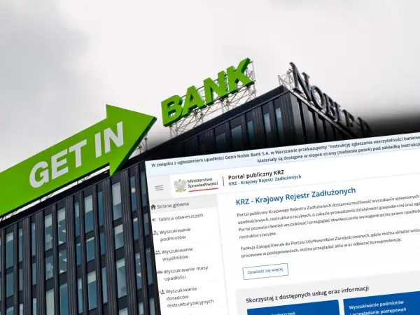 Budynek banku z napisem "BANK" i zielona strzałka "GET IN" symbolizują aferę Getin Bank. Na ekranie widoczny Krajowy Rejestr Zadłużonych.