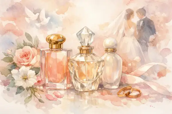 Wodne kolory: bukiet róż, gołąbki, para młoda i flakoniki perfum, w tym Tom Ford Santal Blush, symbolizujące miłość i elegancję.