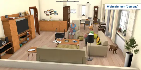 Gemütliches Wohnzimmer (Demenz) mit zwei Frauen, die stricken, einem Hund und einem Rollator.