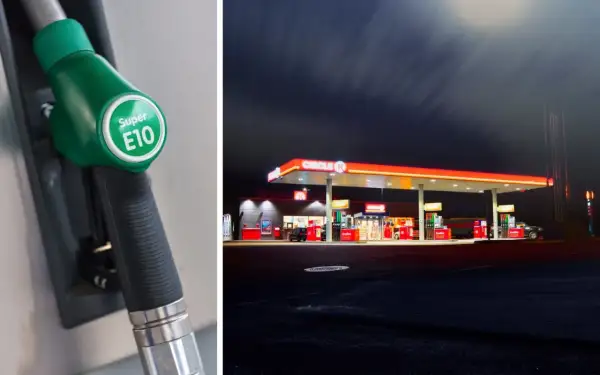Grön bensinpump med texten Super E10. I bakgrunden en Circle K-mack nattetid.