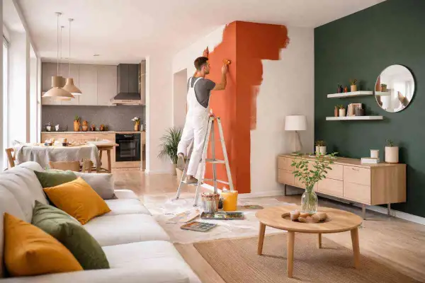 Uomo su scala che inizia a pitturare le pareti di casa con un vivace color arancio.