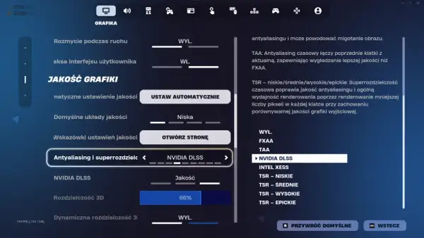 Ustawienia grafiki gry: Antyaliasing i superrozdzielczość. Wybrano NVIDIA DLSS, technologię poprawiającą jakość obrazu.