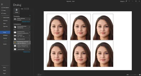 Sześć identycznych zdjęć do dowodu na arkuszu, gotowych do drukowania.