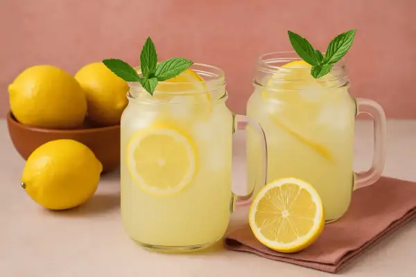Deux verres de citronnade maison rafraîchissante, garnis de menthe et de rondelles de citron, avec des citrons frais à proximité.