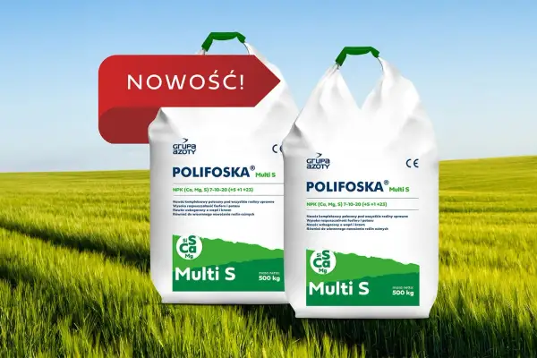 Dwie torby nawozu Polifoska 5 skład, z napisem "NOWOŚĆ!", na tle zielonego pola.