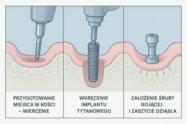 Wizualizacja etapy implantacji zęba: wiercenie, wkręcanie implantu tytanowego, założenie śruby gojącej. Czy implant zęba boli? Proces jest bezbolesny.