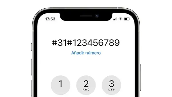 Pantalla de iPhone mostrando cómo llamar con número oculto. El código #31# precede al número de teléfono.