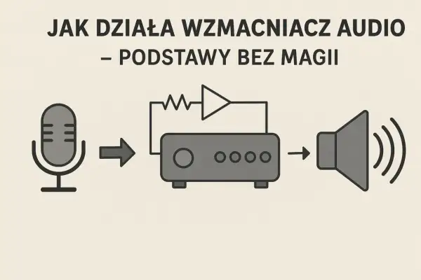 Schemat pokazuje, jak mikrofon przekazuje sygnał do wzmacniacza, który zwiększa jego moc RMS, a następnie do głośnika.