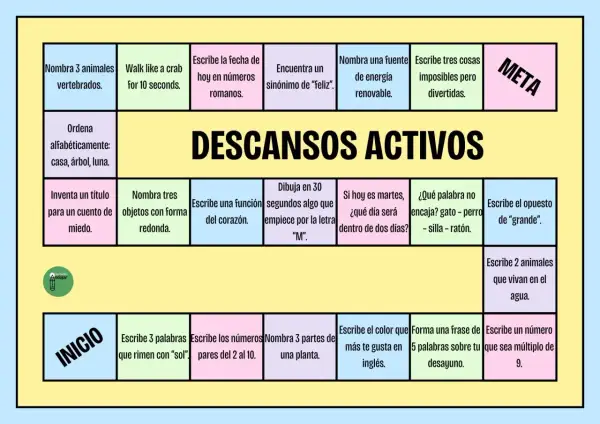 Tablero de juego para **descansos activos** en el aula, con casillas que proponen retos como nombrar animales, escribir rimas o dibujar.