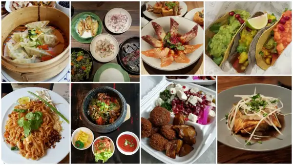 Kolorowe dania, idealne na menu na chrzciny: pierożki, tacos, sałatki, pad thai, ryby i falafel.
