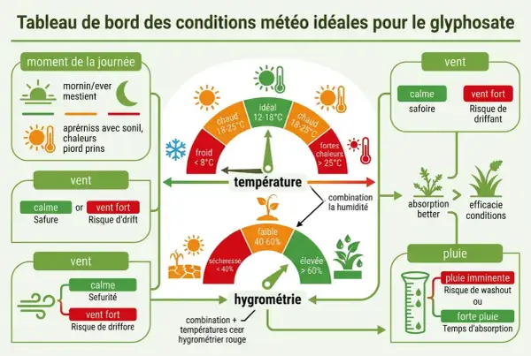 Tableau météo pour savoir quand mettre du désherbant glyphosate : idéalement par temps calme, chaud mais pas trop, et sec. Éviter le vent fort et la pluie.