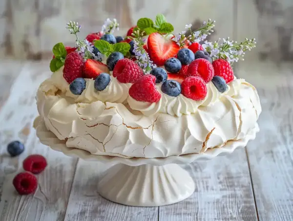 En vacker pavlova tårta med vispgrädde och färska bär som jordgubbar och hallon, dekorerad med mynta och små blommor.