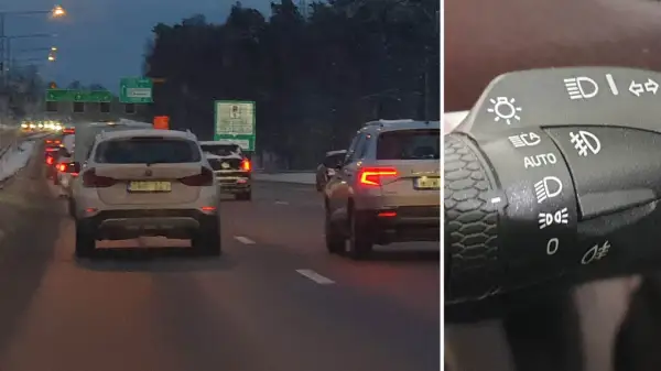 Trafik i mörker visar att man måste ha bakljus på dagen. Bilens strömbrytare visar olika ljuslägen.