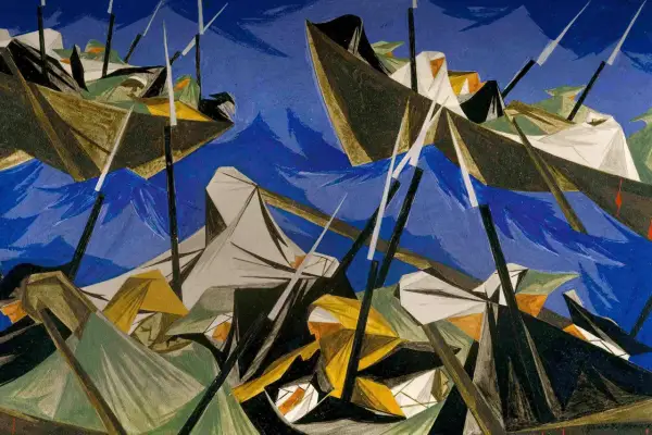 A Jacob Lawrence painting depicts boats with oarsmen navigating choppy blue waters under a dark sky.