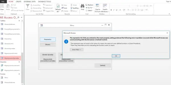 Błąd w Microsoft Access: problem z komunikacją serwera OLE lub kontrolki ActiveX. Błąd oceny makra lub funkcji.