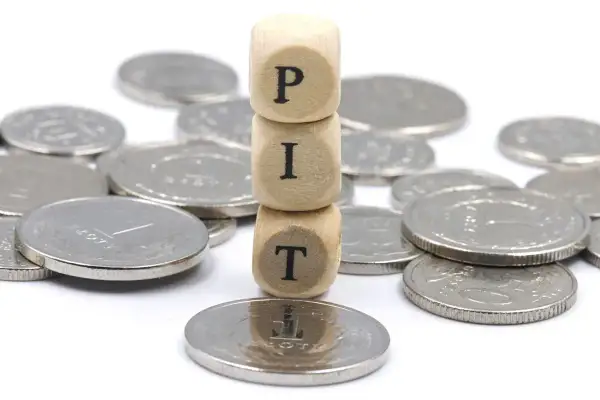 Drewniane klocki z literami "PIT" na stosie monet. Działalność nierejestrowana jaki PIT?