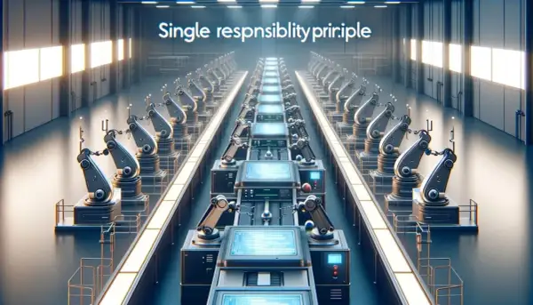 Linia produkcyjna z robotami, gdzie każdy wykonuje jedno zadanie, ilustrując zasadę pojedynczej odpowiedzialności.