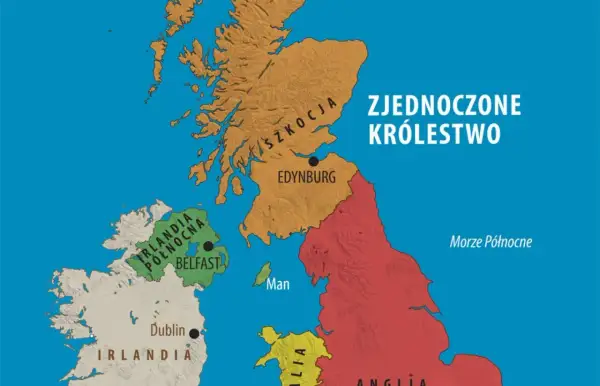 Mapa polityczna Wielkiej Brytanii (wyspa) z zaznaczonymi Szkocją, Anglią, Irlandią Północną i Irlandią.
