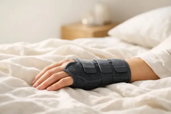 Polso fasciato per alleviare i dolori di mani e piedi di notte. Riposo a letto con tutore.