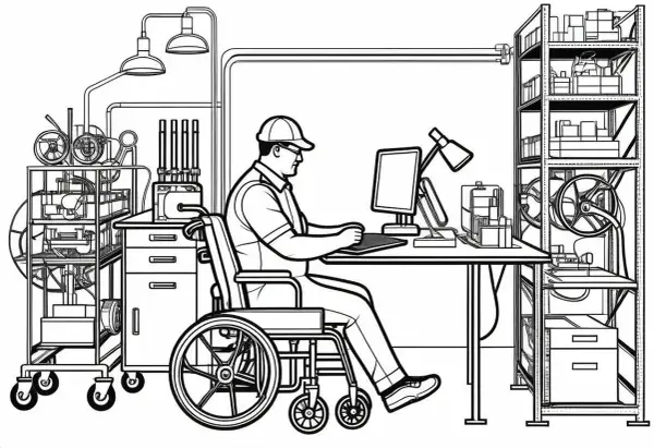 Uomo in sedia a rotelle lavora al computer, in un ambiente che ricorda un laboratorio o un ufficio. Potrebbe essere un esempio di congedo per cure invalidi depressione, dove il lavoro da remoto è una soluzione.
